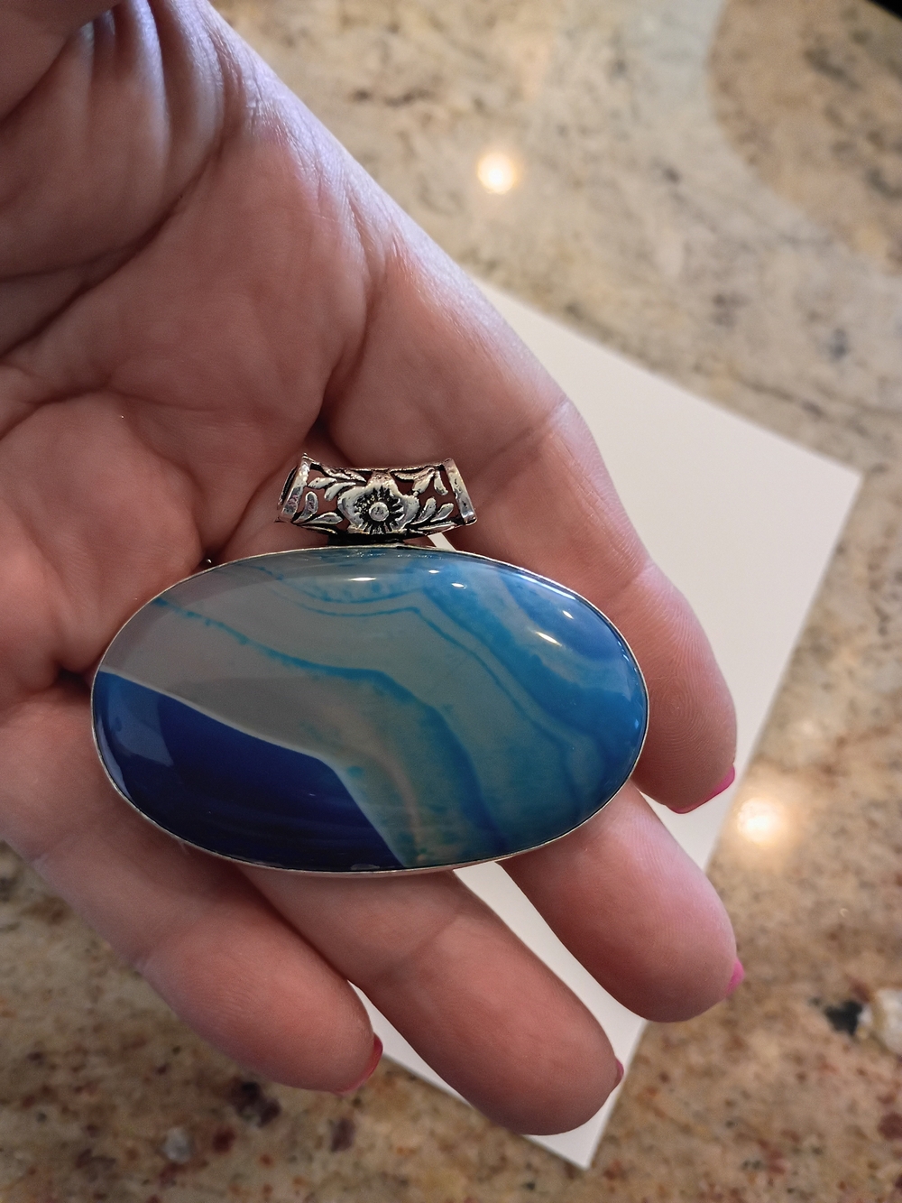 Huge Gorgeous Real Blue Agate Oval Pendant with Silver Floral Bail